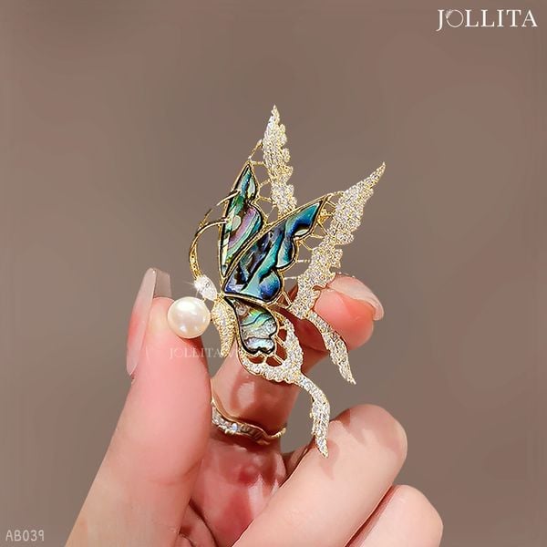  Trâm cài áo bướm xà cừ phủ men màu xám thanh lịch 