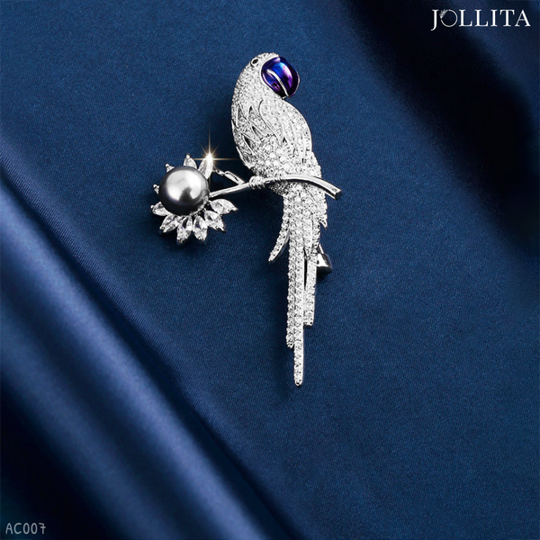  Trâm cài áo chim vẹt đính ngọc trai dát đá cao cấp 