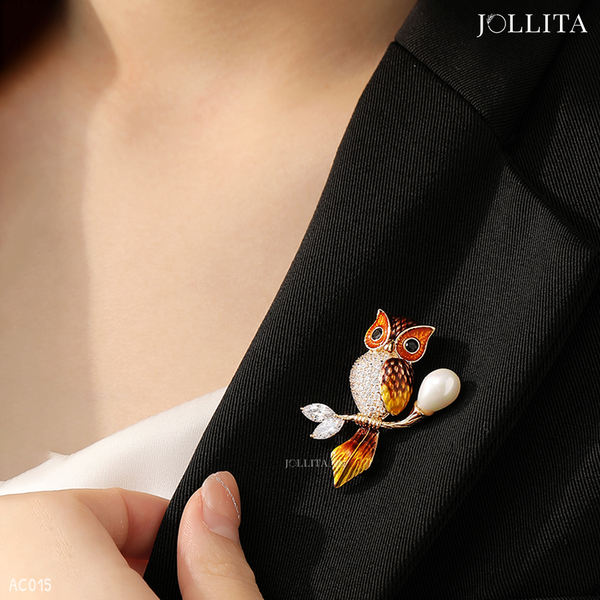  Trâm cài áo cú mèo thông thái đính ngọc trai thanh lịch 