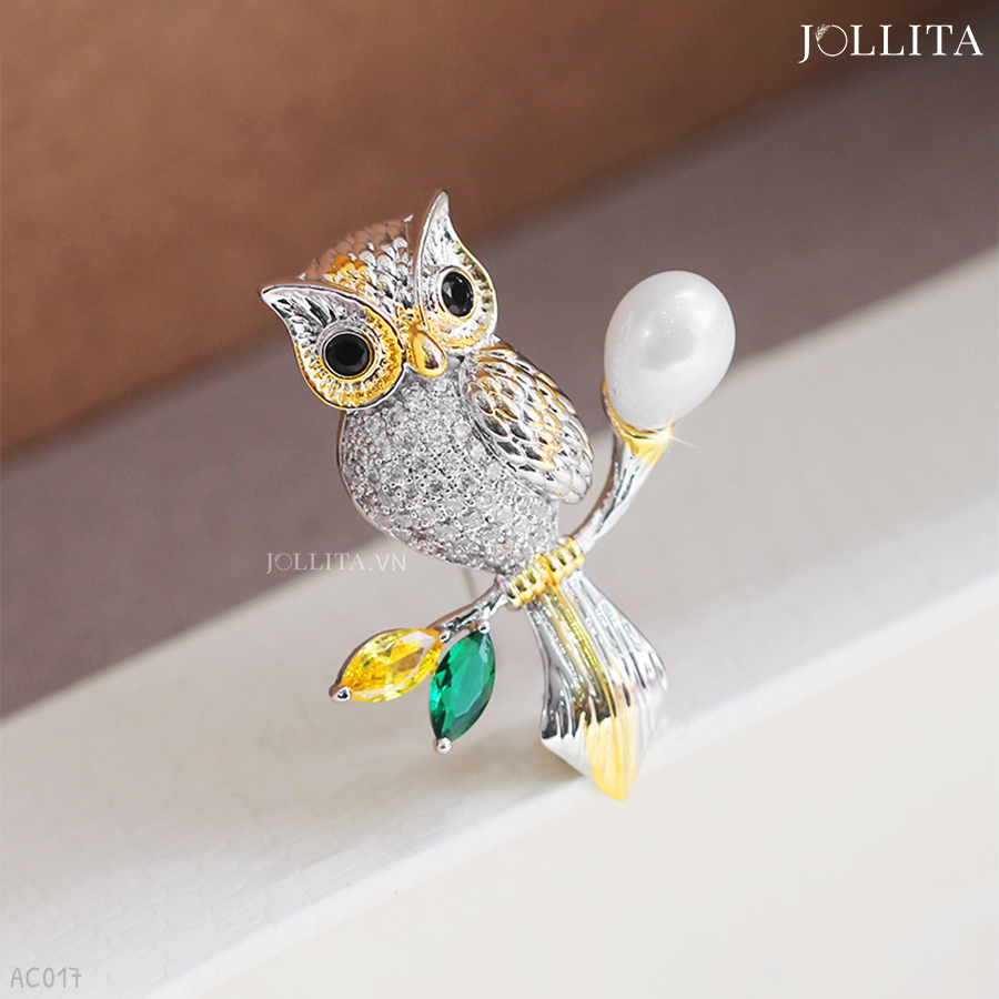  Trâm cài áo cú mèo thông thái đính ngọc trai thanh lịch 