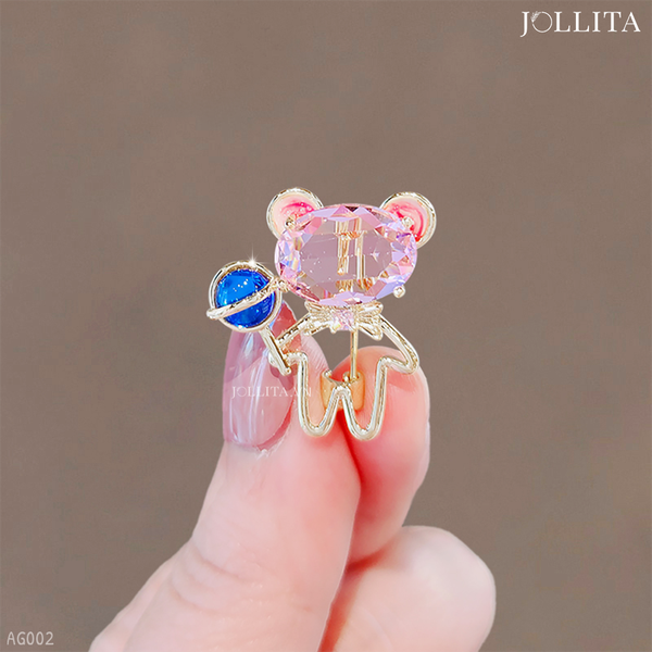  Ghim cài áo gấu đính đá hồng kute 