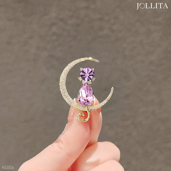  Ghim cài áo mèo đính đá pha lê tím thanh lịch 