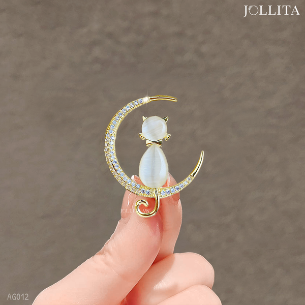  Ghim cài áo mèo treo mặt trăng dát đá thanh lịch dễ thương 