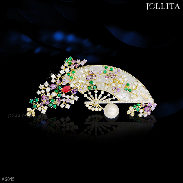  Trâm cài áo hình quạt đính nhành hoa đá lấp lánh kiêu sa 