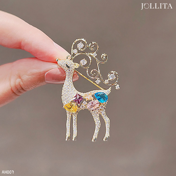  Trâm cài áo tuần lộc đính đá sắc màu cao cấp 