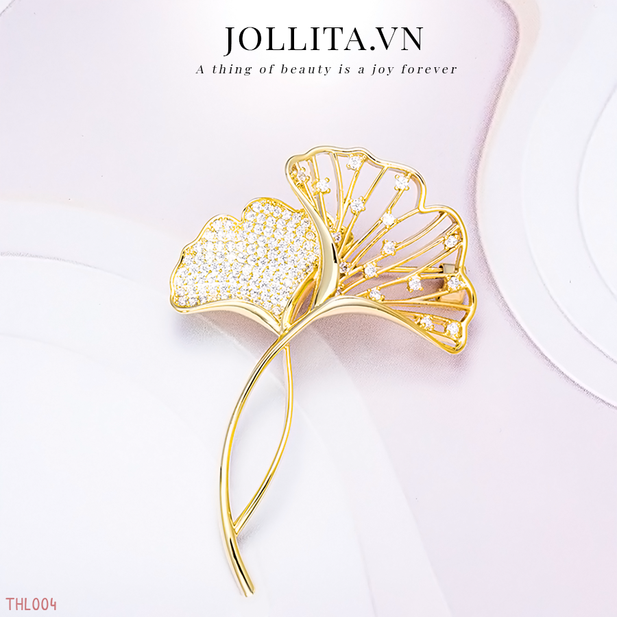  Trâm cài áo lá bạch quả dát đá zircon cao cấp 