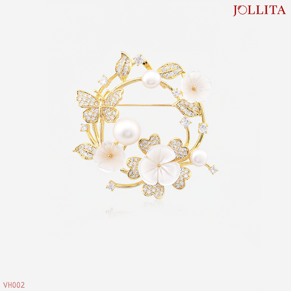  Trâm cài áo vest vòng tròn hoa dát đá đính ngọc trai cao cấp 