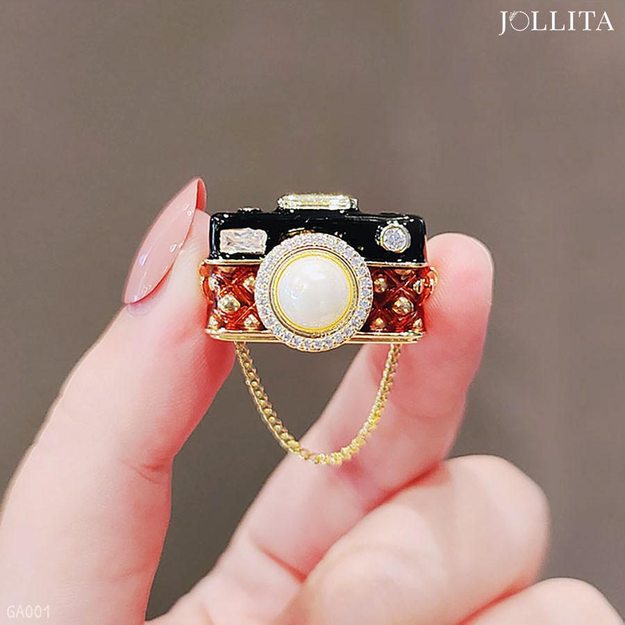  Ghim cài áo máy ảnh cổ điển đính ngọc trai thanh lịch 