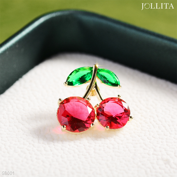  Pin cài áo nhành cherry nhỏ đính đá hồng ngọc thanh lịch 