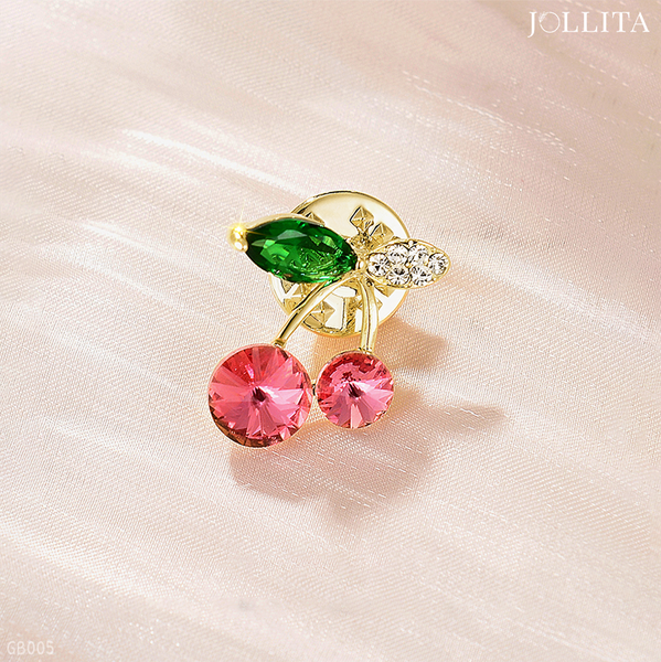  Pin cài áo nhành cherry đính pha lê hồng 