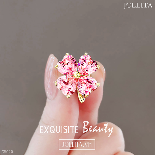  Pin cài áo cỏ 4 lát đính đá hồng ngọc 