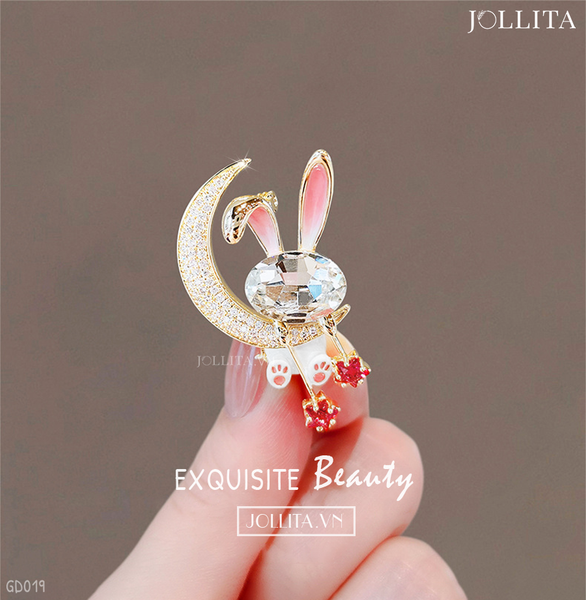  Ghim cài áo thỏ đá ngọc treo mặt trăng dễ thương 