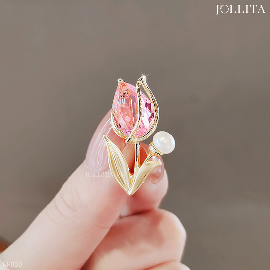  Ghim cài áo hoa tulip đính đá hồng ngọc tinh tế 