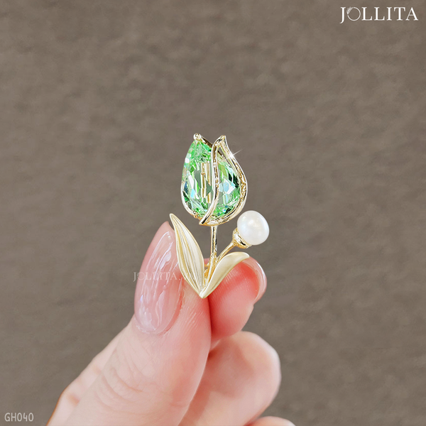  Ghim cài áo hoa tulip đính đá xanh ngọc tinh tế 