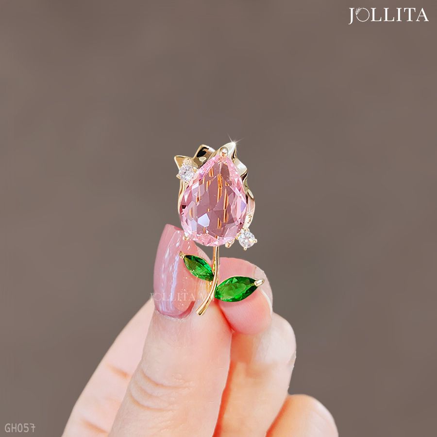  Ghim cài áo hoa tulip đính đá hồng thanh lịch 