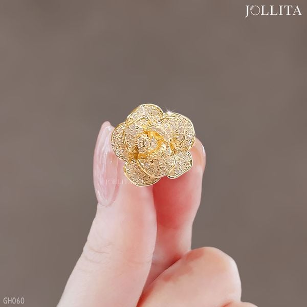  Pin cài áo nụ hồng dát đá vàng thanh lịch 