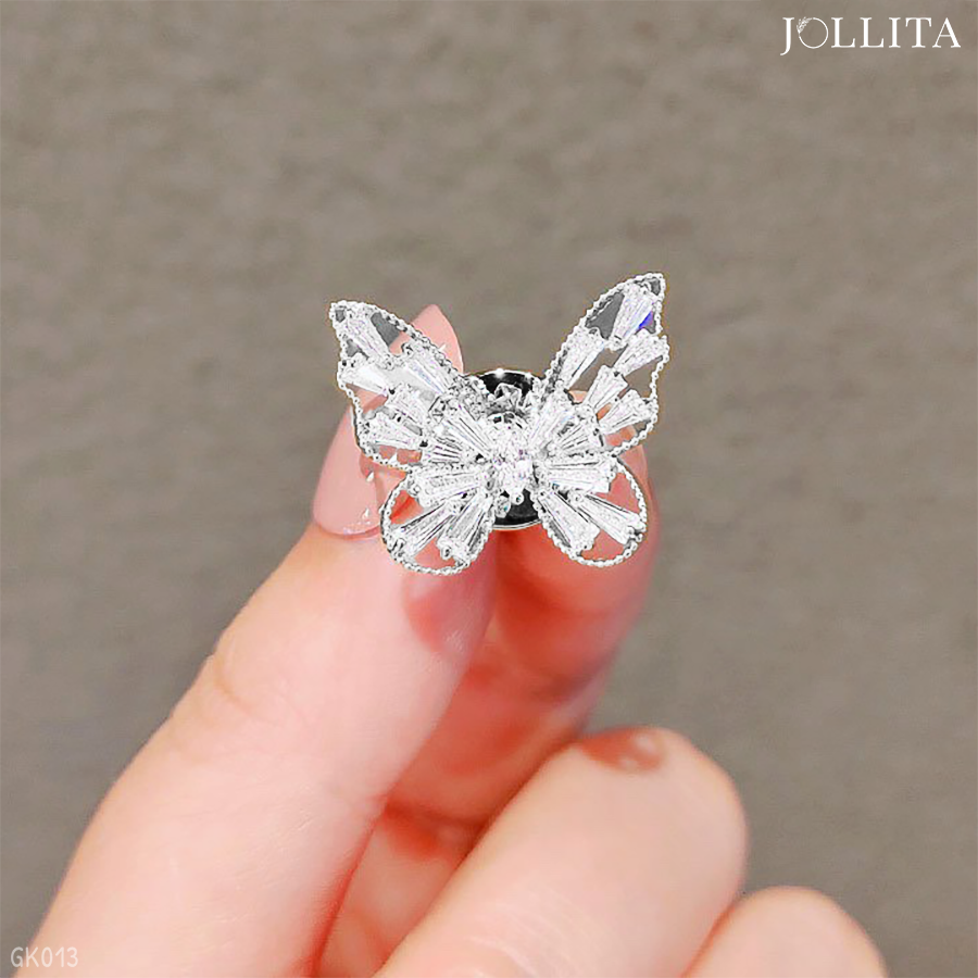  Pin cài áo bướm đính đá thanh lịch màu bạch kim 