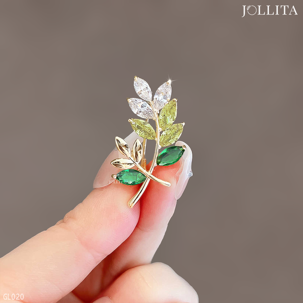 Ghim cài áo lá nguyệt quế nhỏ đính đá xanh tinh tế 