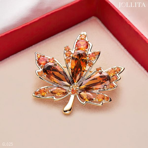  Pin cài áo lá phong đính đá đỏ thanh lịch 