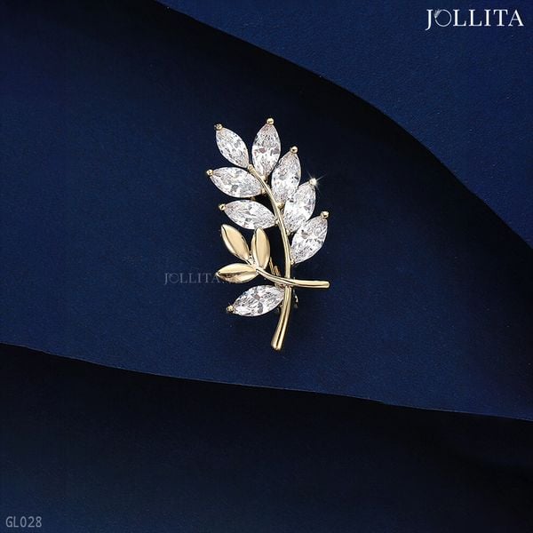  Ghim cài áo lá nguyệt quế vàng đính đá zirconia tinh tế 