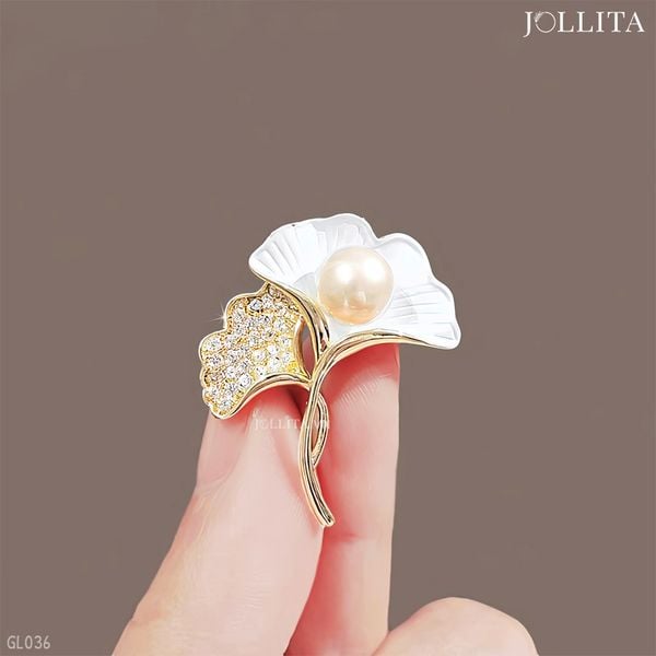  Trâm cài áo lá bạch quả đính ngọc trai thanh lịch 