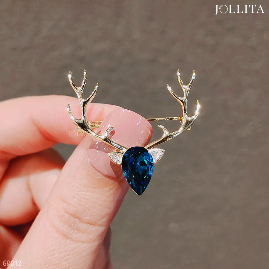  Trâm cài áo hươu đính đá pha lê xanh cao cấp 
