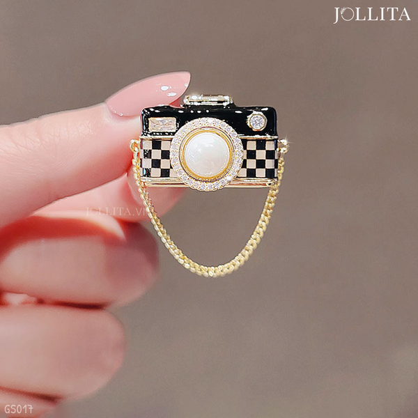  Ghim cài áo máy ảnh caro cổ điển đính ngọc trai tinh tế 