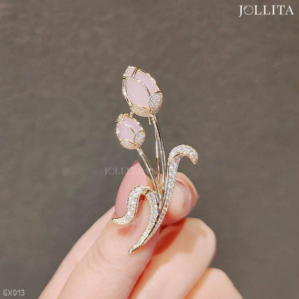  Trâm cài áo nhành Hoa tulip đôi đính đá sang trọng 