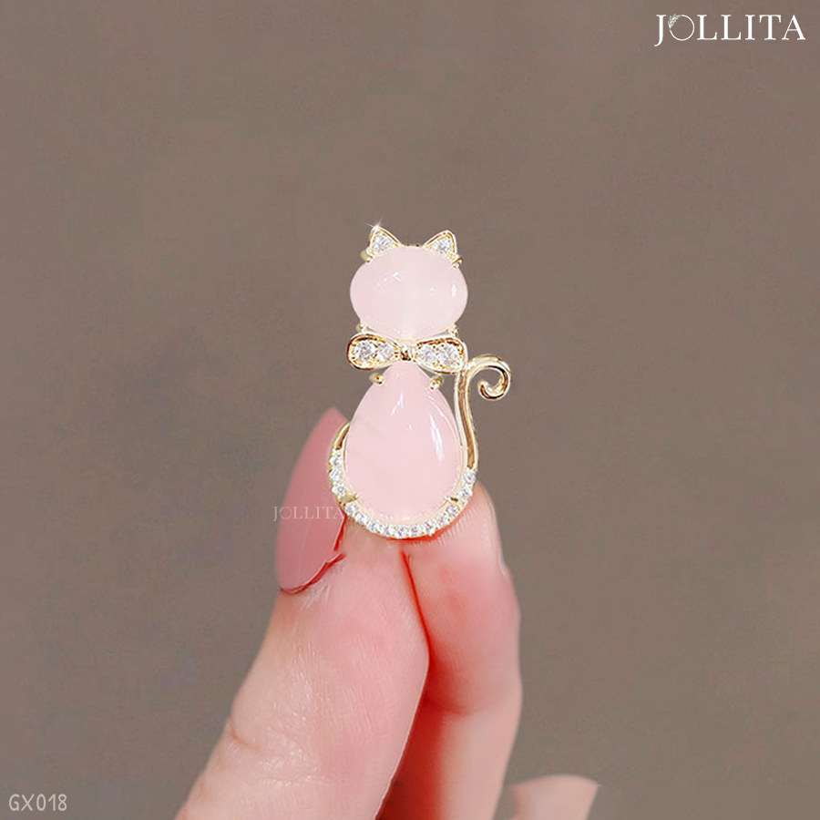  Ghim cài áo mèo đá pha lê hồng dễ thương 