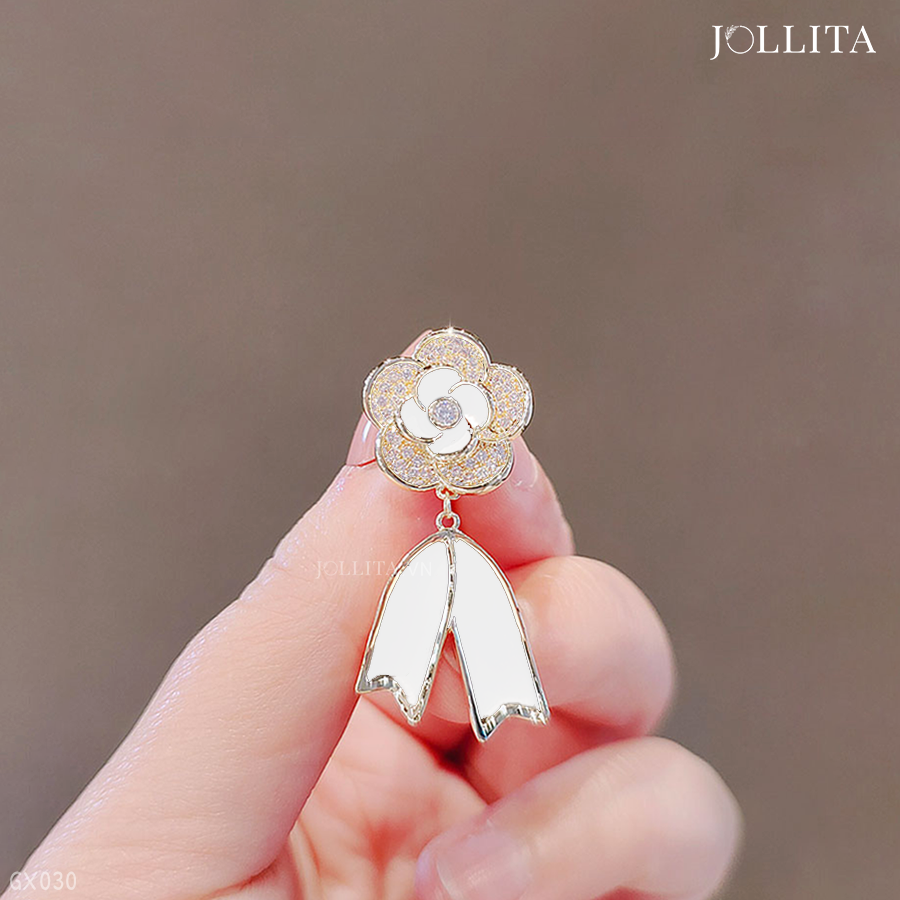  Pin cài áo hoa trà đính đá nơ thanh lịch tinh tế 