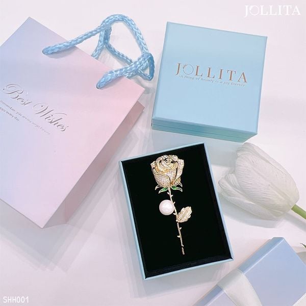  Set quà tặng 20/11 cài áo Hoa hồng vàng đính ngọc trai sang trọng 