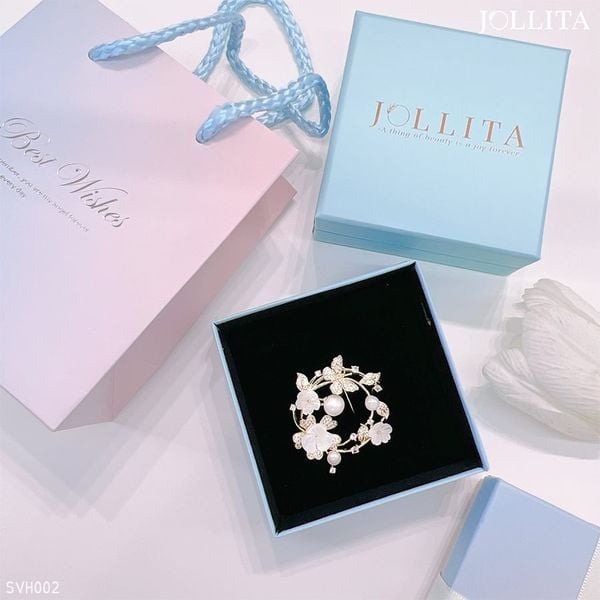  Set quà tặng 20/11 cài áo vòng tròn hoa dát đá đính ngọc trai cao cấp 