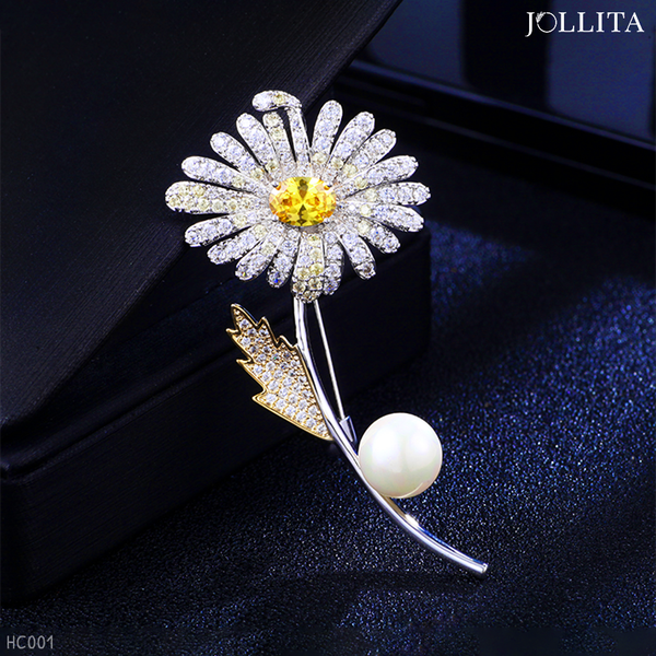  Trâm cài áo Cúc Họa Mi khảm đá đính ngọc trai sang trọng 