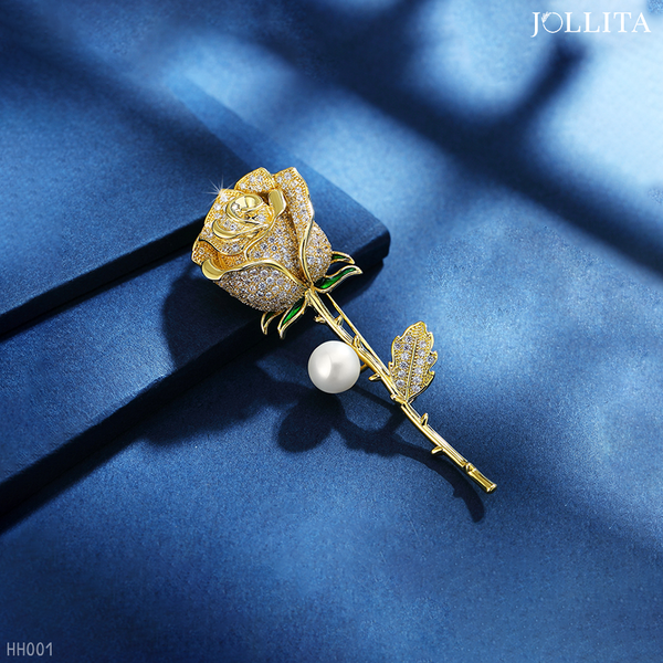  Trâm cài áo vest Hoa hồng vàng đính ngọc trai sang trọng 