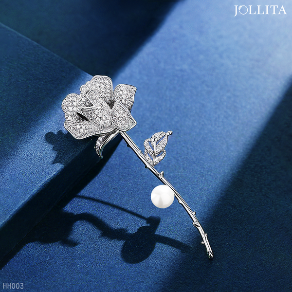  Trâm cài áo nhành hoa hồng bạch kim dát đá định ngọc trai tinh tế 