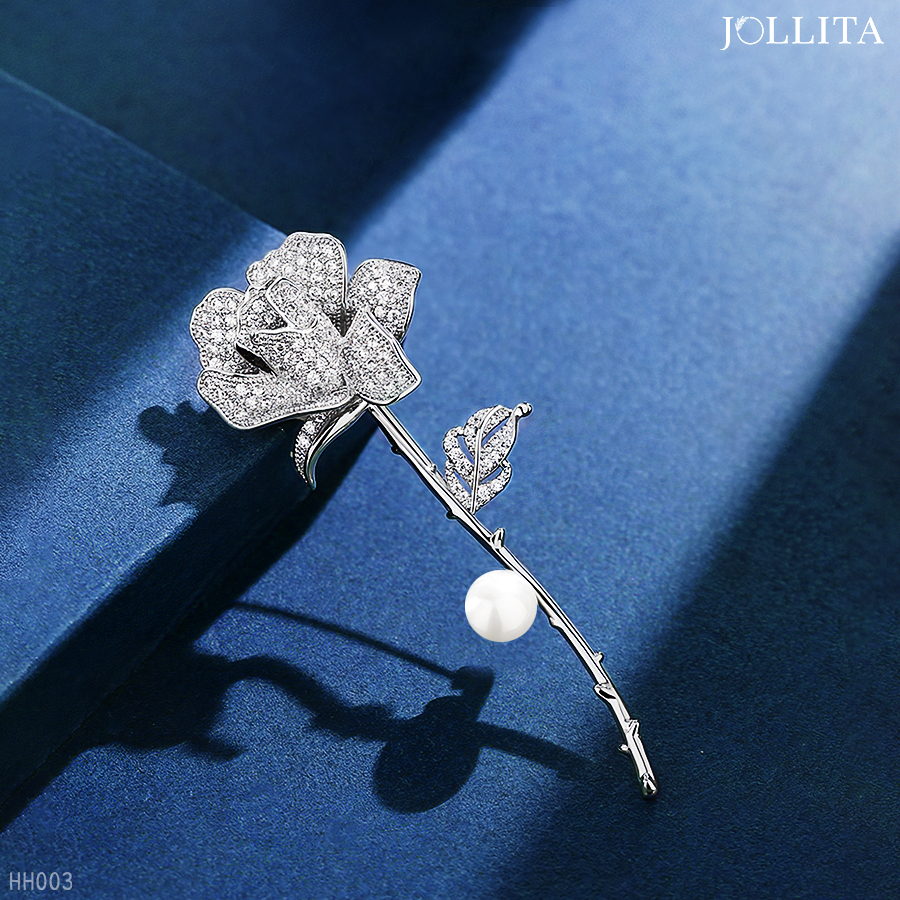  Trâm cài áo nhành hoa hồng bạch kim dát đá định ngọc trai tinh tế 