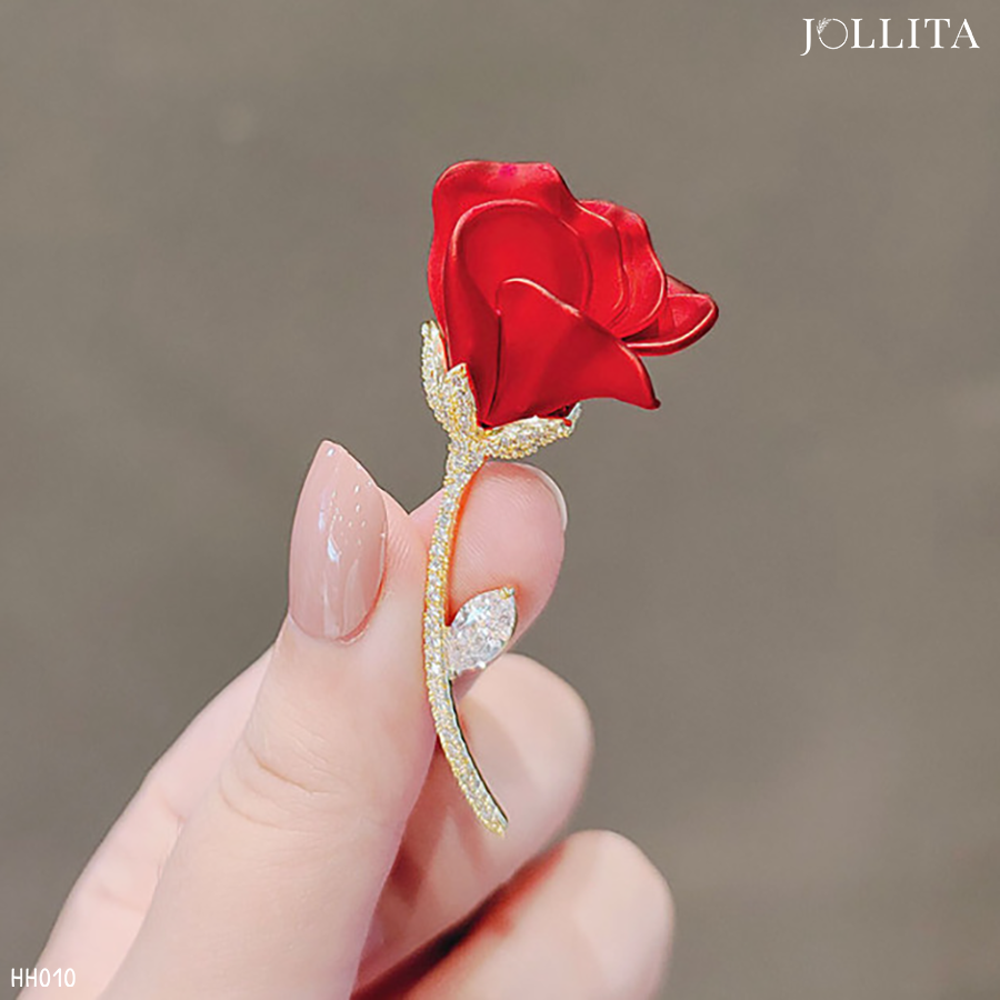  Trâm cài áo hoa hồng đỏ dát đá thanh lịch 