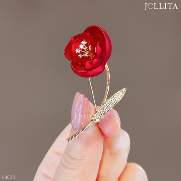  Trâm cài áo hoa hồng đỏ dát đá thanh lịch 