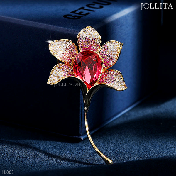  Trâm cài áo đóa hoa đính đá pha lê hồng ngọc sang trọng 