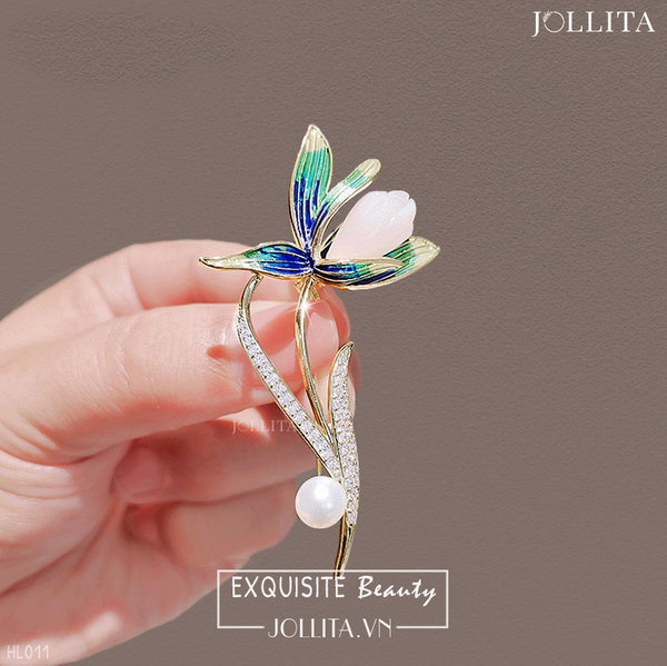  Trâm cài áo hoa mộc lan đính ngọc tự nhiên thanh lịch cao cấp 