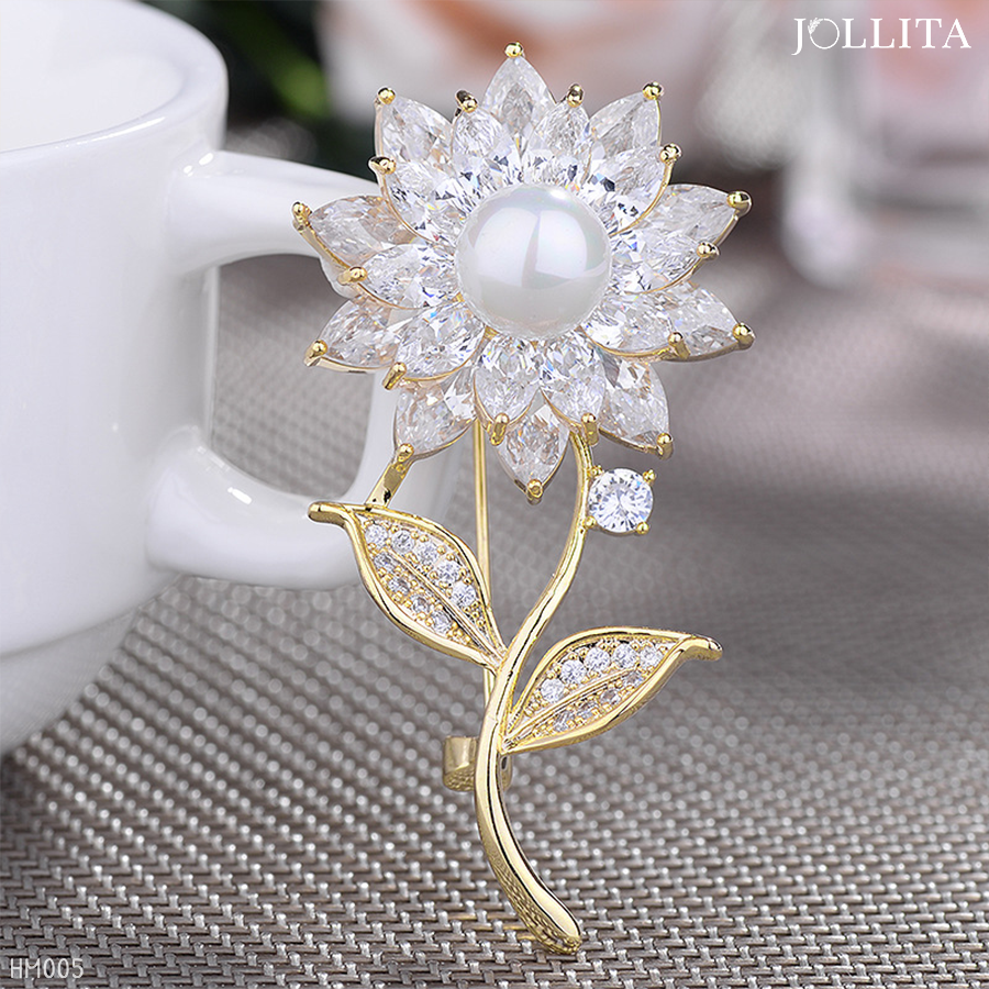  Trâm cài áo hoa mặt trời khảm đá đính ngọc trai sang trọng 