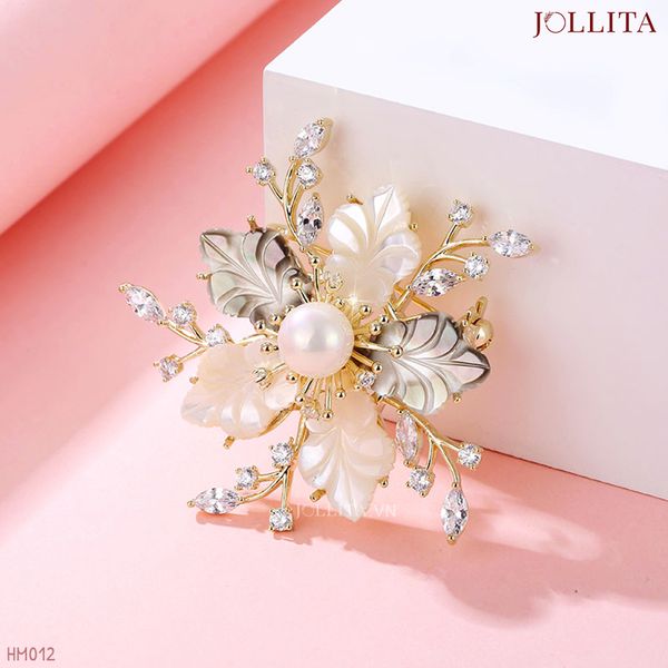  Trâm cài áo hoa xà cừ đính ngọc trai cao cấp 