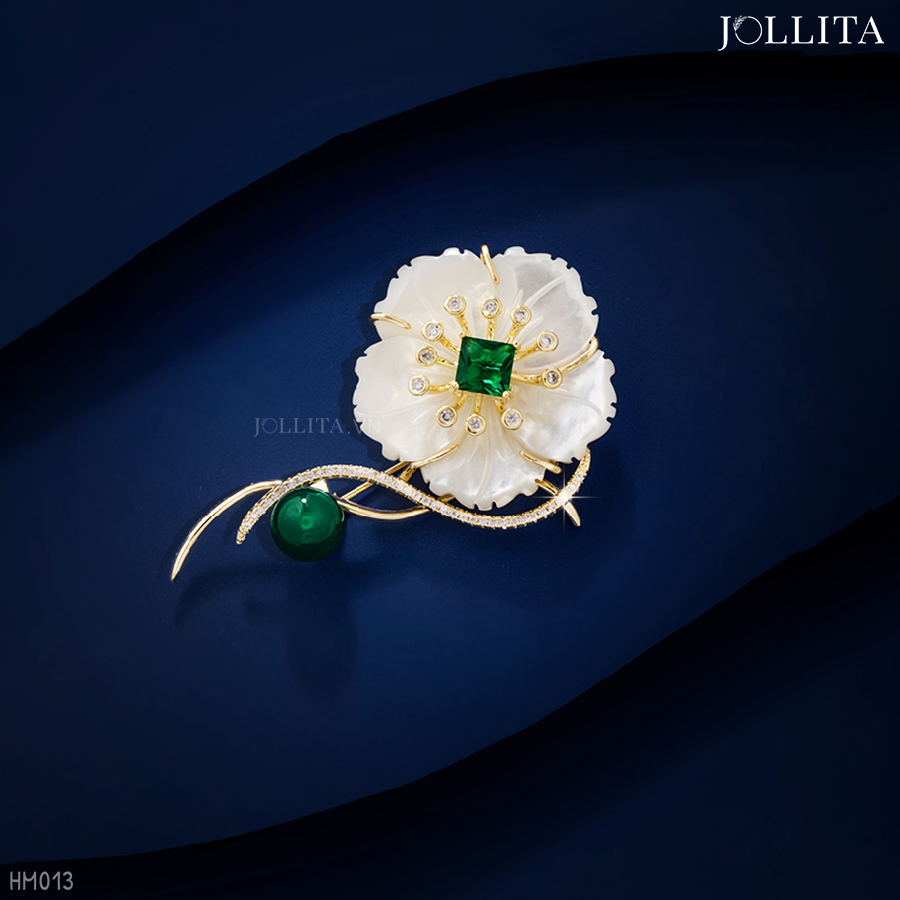  Trâm cài áo hoa xà cừ đính đá pha lê xanh cao cấp 