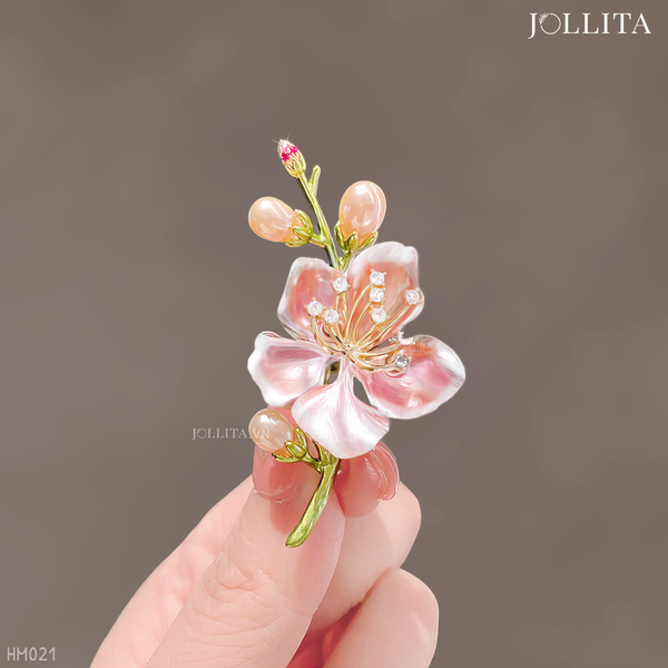  Trâm cài áo hoa mộc lan hồng đính ngọc trai thanh lịch 