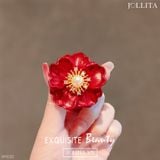  Trâm cài áo hoa mẫu đơn đỏ phủ men màu đính ngọc trai thanh lịch 