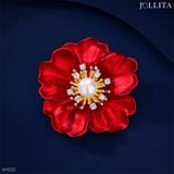  Trâm cài áo hoa mẫu đơn đỏ phủ men màu đính ngọc trai thanh lịch 