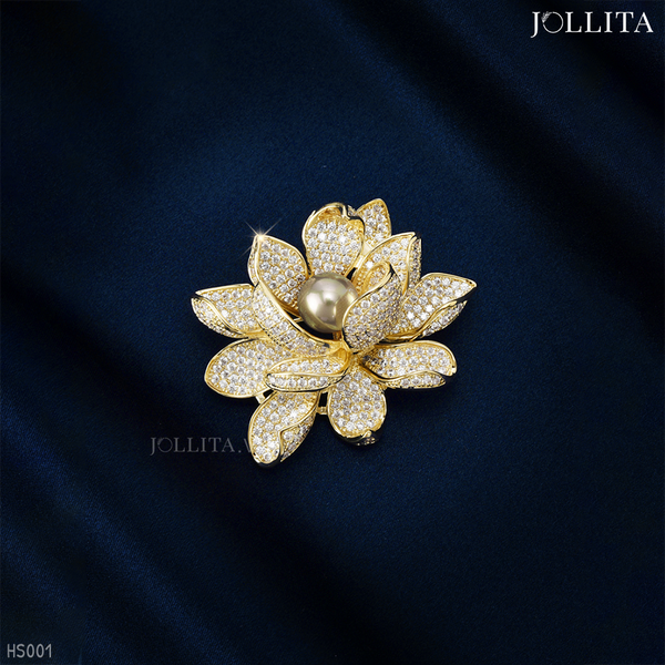  Trâm cài áo Hoa sen vàng đính ngọc trai sang trọng 