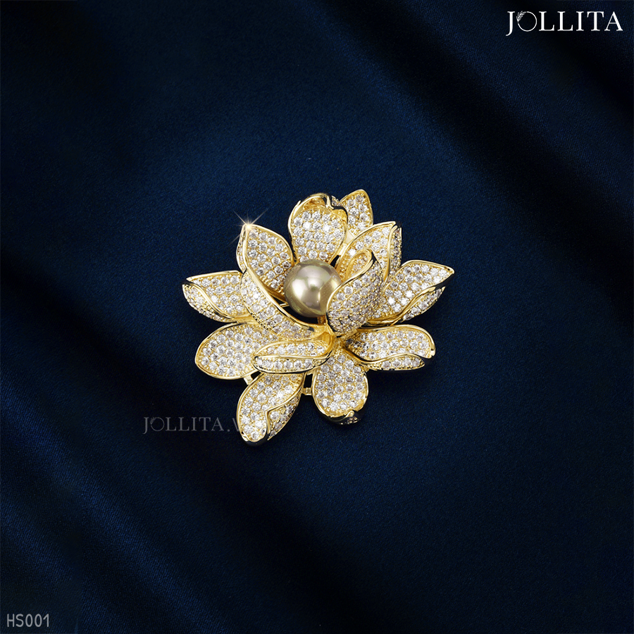  Trâm cài áo Hoa sen vàng đính ngọc trai sang trọng 