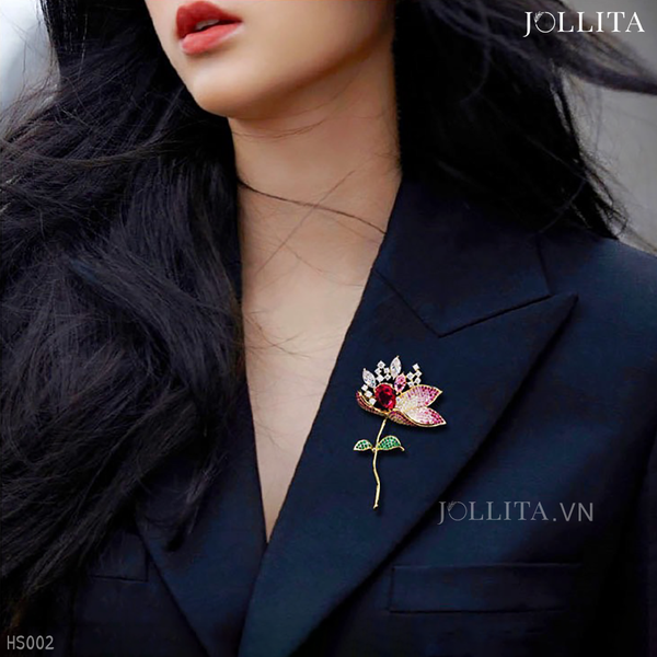  Trâm cài áo vest Nhánh sen hồng tinh tế đính đá quý cao cấp 