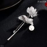  Trâm cài áo nhành sen bạc khảm đá đính ngọc trai cao cấp 